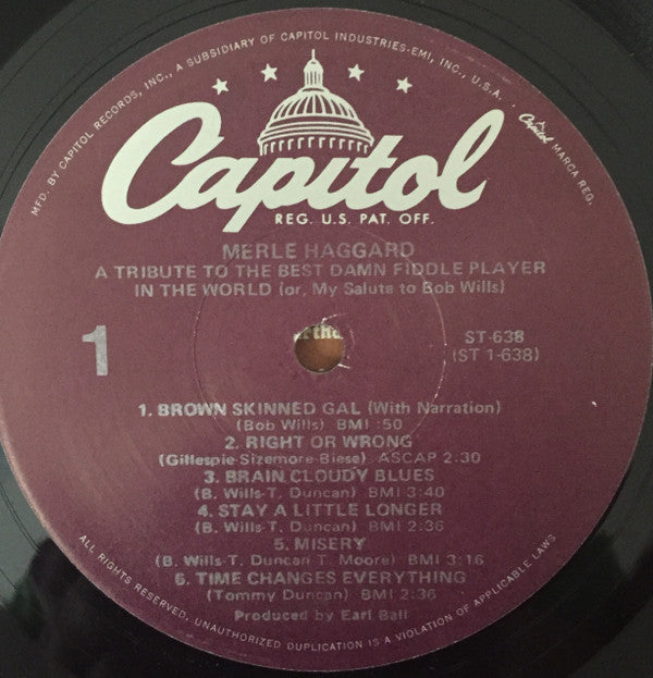 Merle Haggard : A Tribute To The Best Damn Fiddle Player In The World: Or, My Salute To Bob Wills (LP, Album, RE)