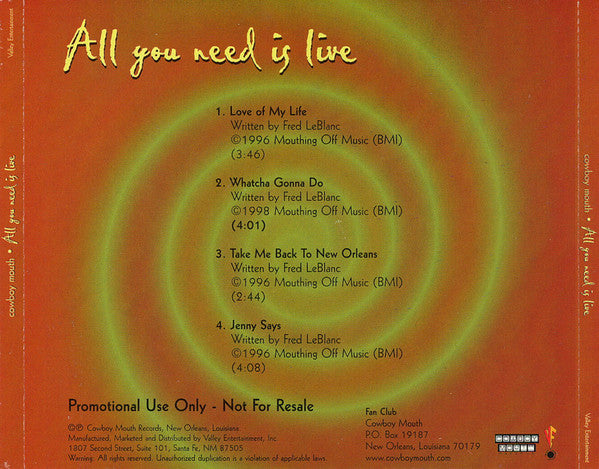 Cowboy Mouth : All You Need Is Live (CD, Promo, Smplr)