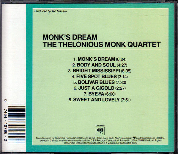 The Thelonious Monk Quartet : Monk's Dream (CD, Album, RE, RM)
