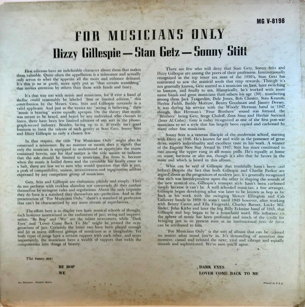 Stan Getz / Dizzy Gillespie / Sonny Stitt : For Musicians Only (LP, Album, Mono, Yel)