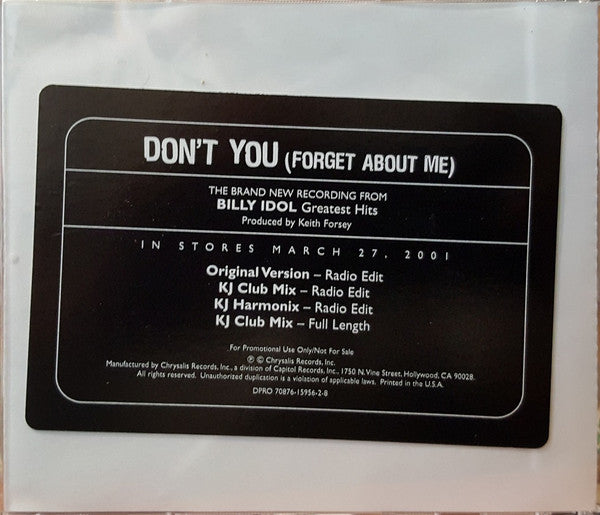 Billy Idol : Don't You (Forget About Me) (CD, Maxi, Promo)