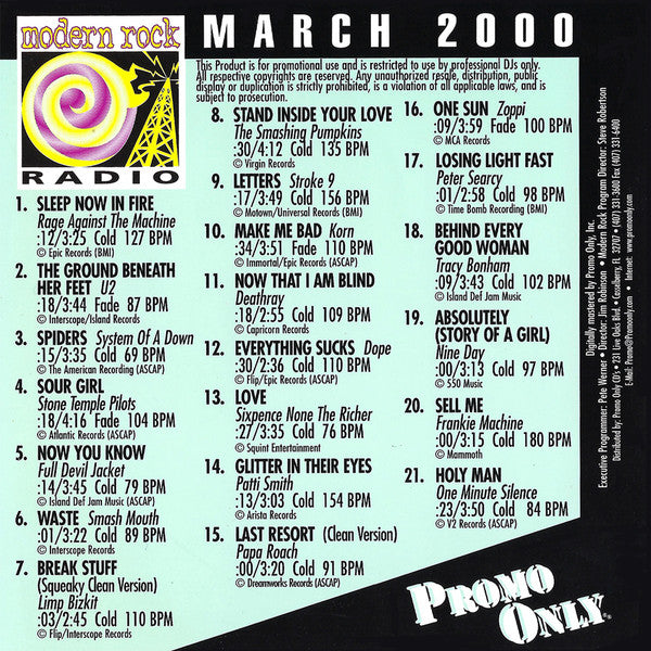 Various : Promo Only Modern Rock Radio: March 2000 (CD, Comp, Promo)