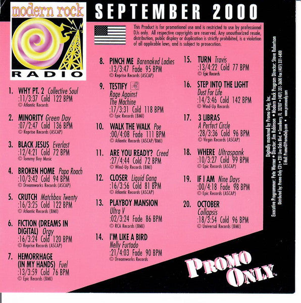 Various : Promo Only Modern Rock Radio: September 2000 (CD, Comp, Promo)