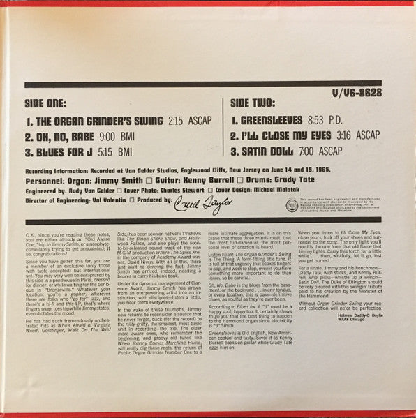 Jimmy Smith Featuring Kenny Burrell And Grady Tate : Organ Grinder Swing (LP, Album, Mono)