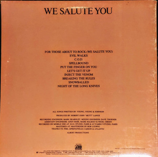 AC/DC : For Those About To Rock (We Salute You) (LP, Album, Club, Gat)