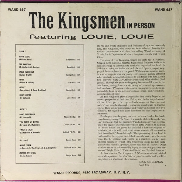 The Kingsmen : The Kingsmen In Person Featuring Louie, Louie (LP, Album, Mono, Ter)