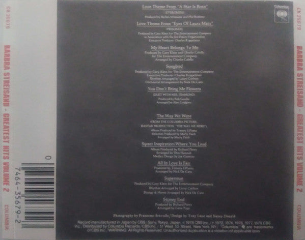 Barbra Streisand : Barbra Streisand's Greatest Hits - Volume 2 (CD, Comp)