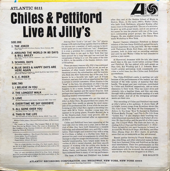 Chiles & Pettiford : Live At Jilly's (LP, Album, Mono)