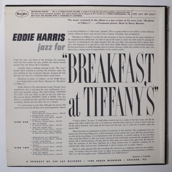 Eddie Harris : Jazz For "Breakfast At Tiffany's" (LP, Album)