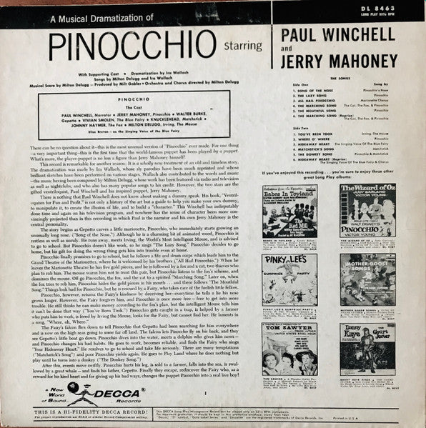 Paul Winchell, Jerry Mahoney (3) : A Musical Dramatization Of Pinocchio (LP, Album)