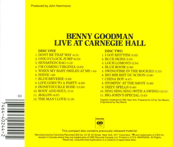 Benny Goodman : Live At Carnegie Hall (2xCD, Album, RE, RM)