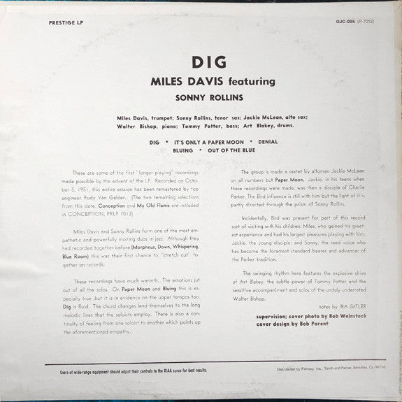 Miles Davis Featuring Sonny Rollins : Dig (LP, Comp, Mono, RE)