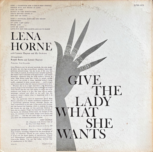 Lena Horne With Lennie Hayton And His Orchestra : Give The Lady What She Wants (LP, Album, Mono, Ind)