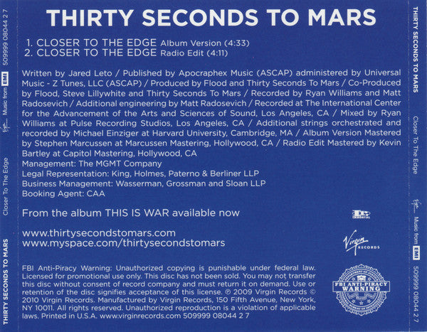 Thirty Seconds To Mars* : Closer To The Edge (CD, Single, Promo)