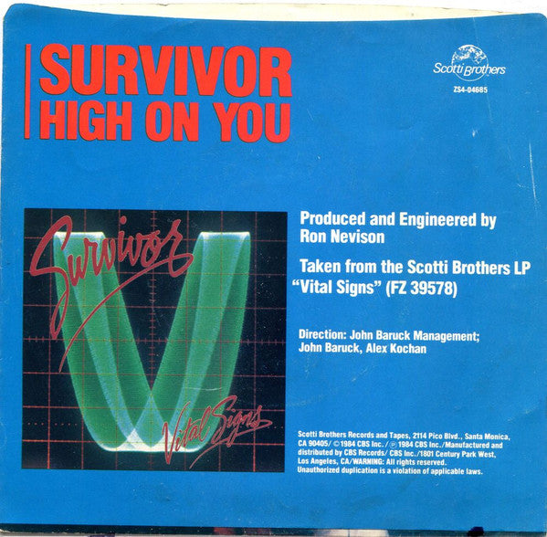 Survivor : High On You (7", Single, Styrene, Car)