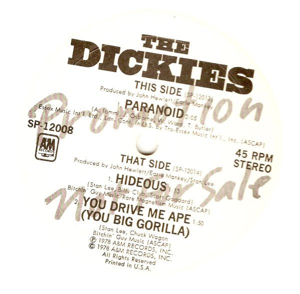The Dickies : Paranoid ▪ Hideous ▪ You Drive Me Ape (You Big Gorilla) (10", Maxi, Ltd, Promo, Whi)