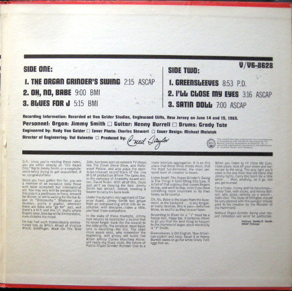 Jimmy Smith Featuring Kenny Burrell And Grady Tate : Organ Grinder Swing (LP, Album, Mono)