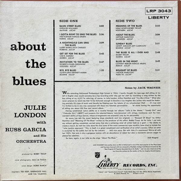 Julie London : About The Blues (LP, Album, Mono, Scr)