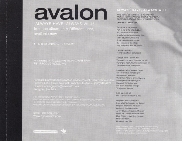 Avalon (4) : Always Have, Always Will (CD, Single, Promo)