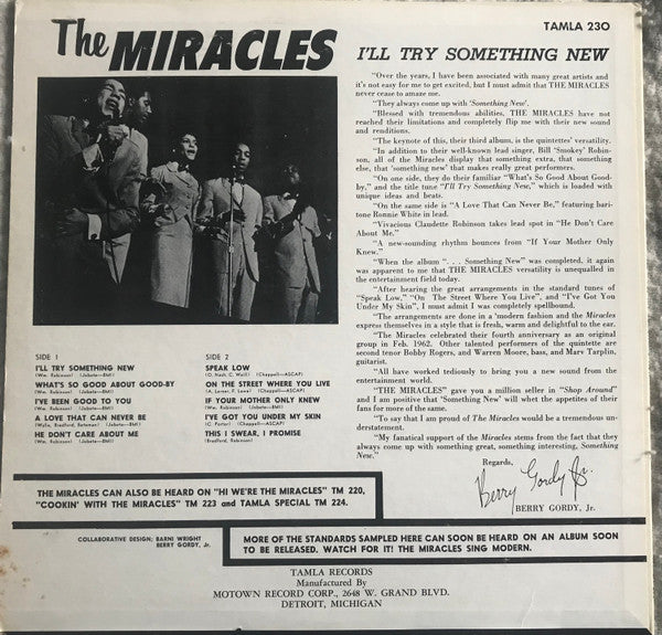 The Miracles : I'll Try Something New (LP, Album, Mono, Yel)