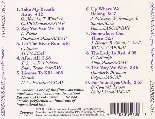 Lé Valedon* : Sensuous Sax Goes To The Movies (CD, Album)