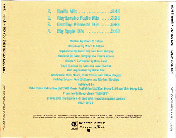 Nicki French : Did You Ever Really Love Me? (CD, Single, Promo)