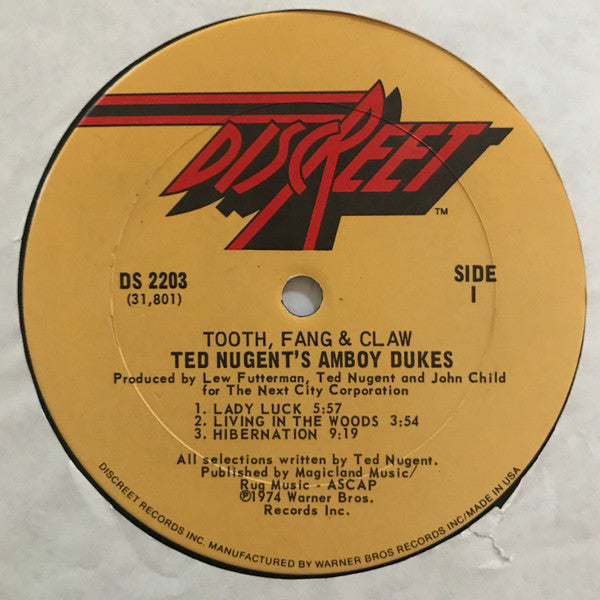 The Amboy Dukes : Tooth, Fang & Claw (LP, Album, Glo)
