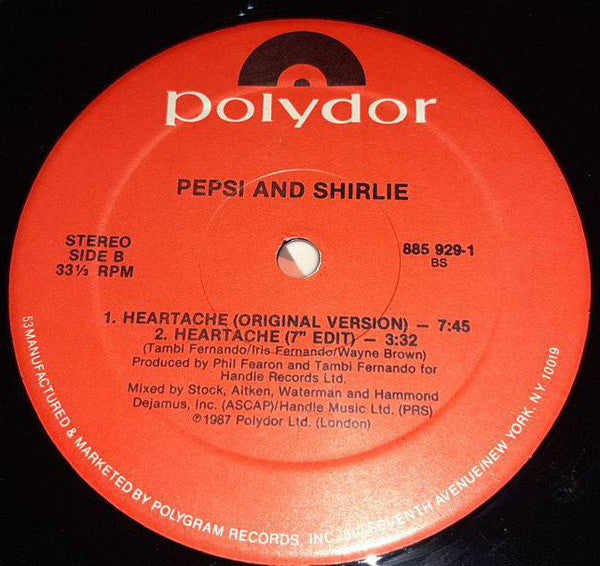 Pepsi & Shirlie : Heartache (12", Single, 53)