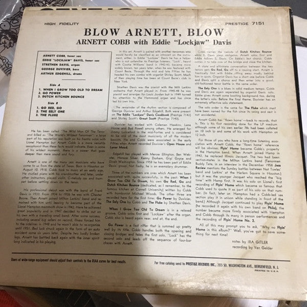 Arnett Cobb And Eddie "Lockjaw" Davis : Blow, Arnett, Blow (LP, Album, Mono)