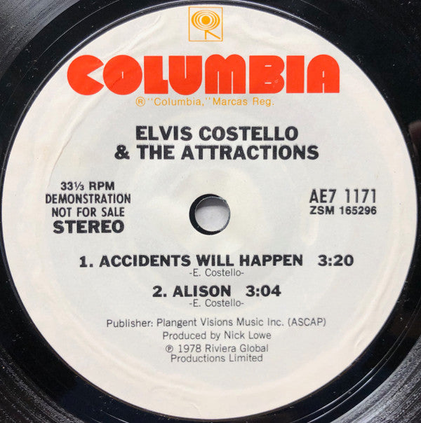 Elvis Costello & The Attractions : Accidents Will Happen / Alison (7", Promo, Styrene, Pit)