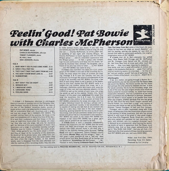 Pat Bowie With Charles McPherson, Tommy Flanagan, Al Hall, Osie Johnson : Feelin' Good! (LP, Album, Mono)