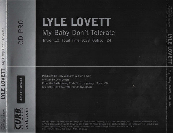 Lyle Lovett : My Baby Don't Tolerate (CD, Single, Promo)