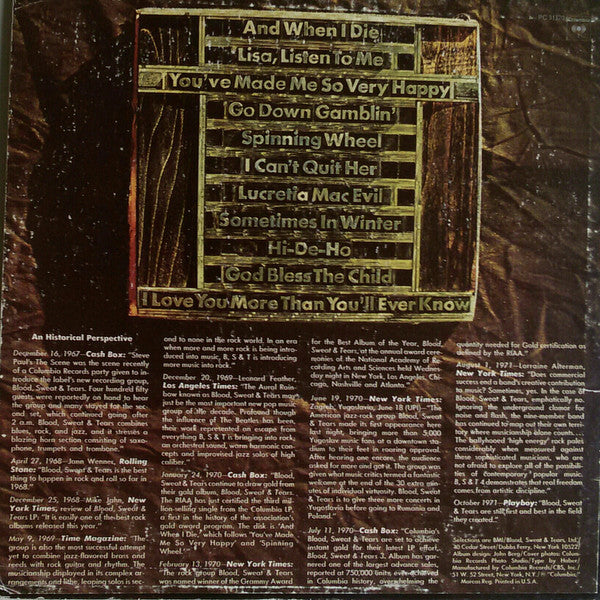 Blood, Sweat And Tears : Blood, Sweat & Tears Greatest Hits (LP, Comp, RE, Pit)