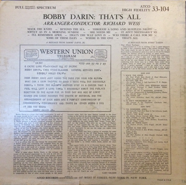 Bobby Darin : That's All (LP, Album, Mono)