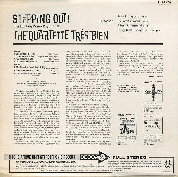 Quartette Trés Bien : Stepping Out! The Exciting Piano Rhythms Of The Quartette Trés Bien (LP, Album, RP, Glo)