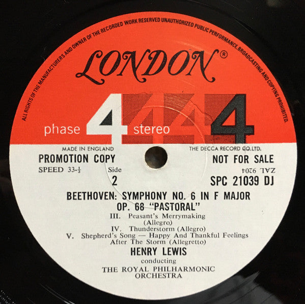 Beethoven*, Henry Lewis, Royal Philharmonic Orchestra : "Pastoral" Symphony No. 6 In F Major, Op. 68 (LP, Album, Promo, Gat)