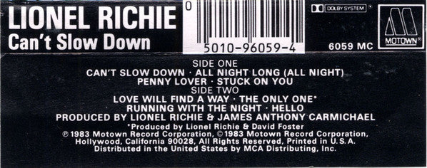 Lionel Richie : Can't Slow Down (Cass, Album)