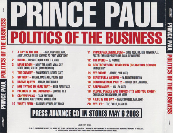 Prince Paul : Politics Of The Business (CD, Advance, Album, Promo)