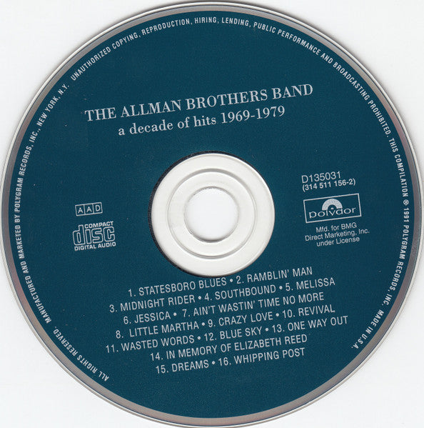 The Allman Brothers Band : A Decade Of Hits 1969 - 1979 (CD, Comp, Club)
