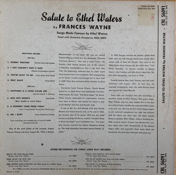 Frances Wayne : Salute To Ethel Waters (10")