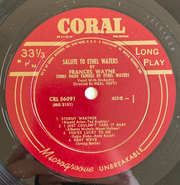 Frances Wayne : Salute To Ethel Waters (10")