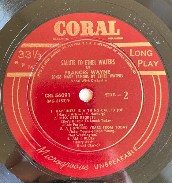Frances Wayne : Salute To Ethel Waters (10")