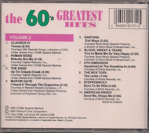 Various : The 60's Greatest Hits, Volume 3 (CD, Comp)