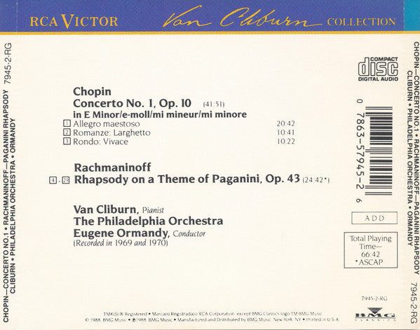 Frédéric Chopin / Sergei Vasilyevich Rachmaninoff, Van Cliburn, The Philadelphia Orchestra, Eugene Ormandy : Concerto No.1 / Rhapsody On A Theme Of Paganini (CD, Comp, RM)