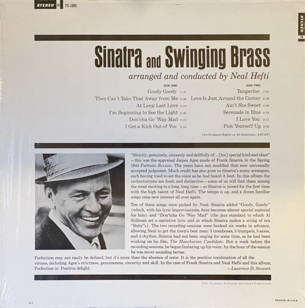 Frank Sinatra : Sinatra And Swingin' Brass (LP, Album, RE, RP, Pit)