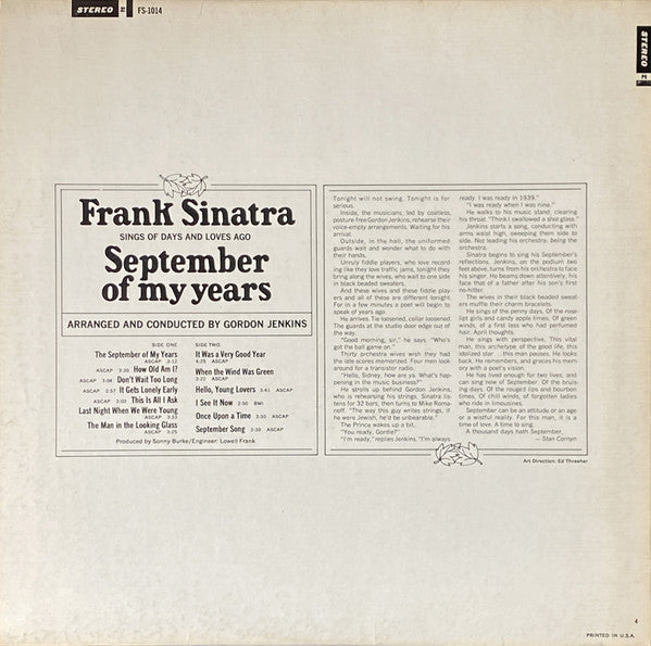 Frank Sinatra : September Of My Years (LP, Album, Ter)