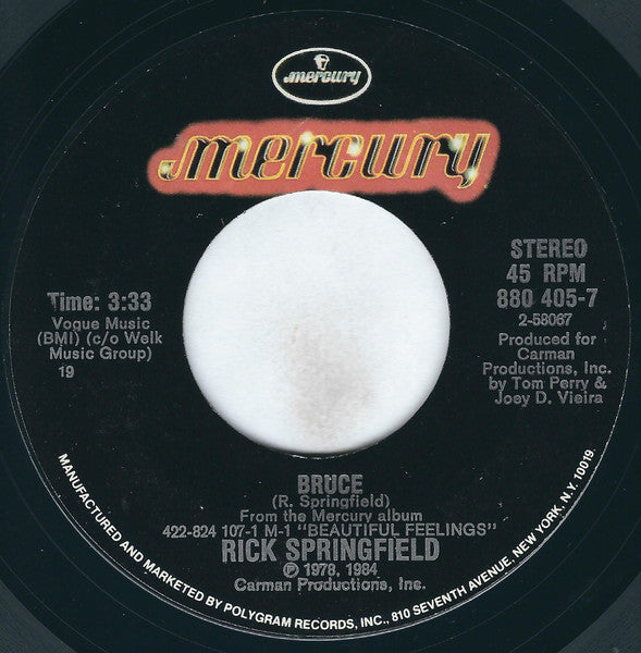 Rick Springfield : Bruce (7", Styrene, 19)