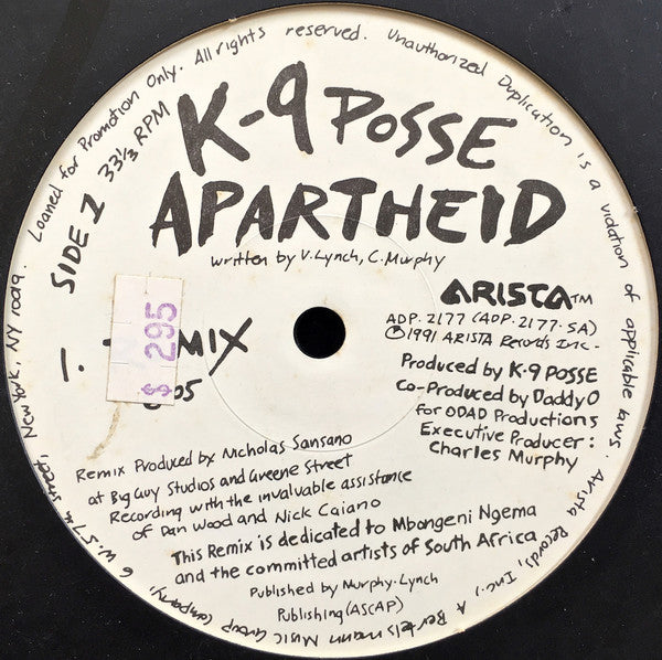 K-9 Posse : Apartheid (12", Promo)