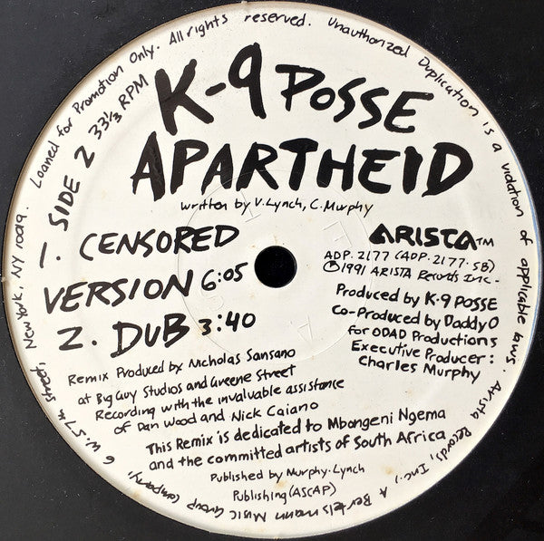 K-9 Posse : Apartheid (12", Promo)