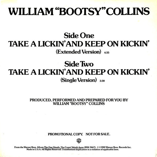 Bootsy Collins : Take A Lickin' And Keep On Kickin' (12", Promo)